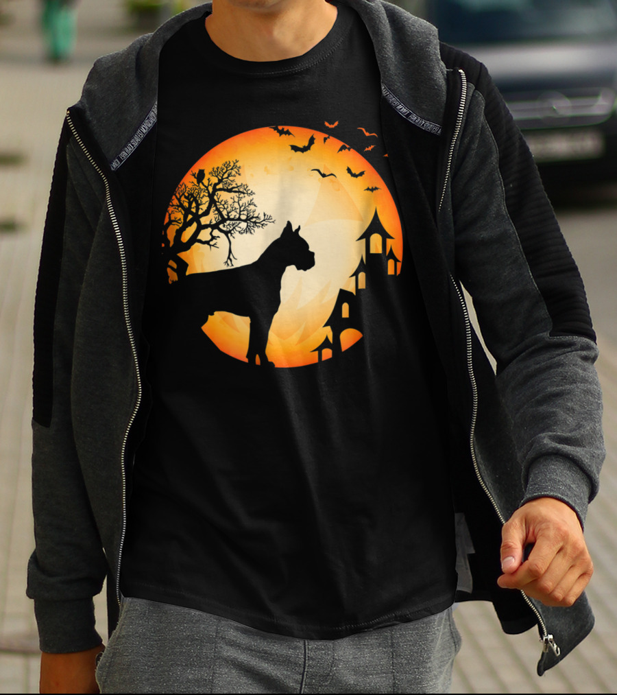 Scary Boxer Dog Halloween Moon With Bats And Haunted House Scene T-Shirt