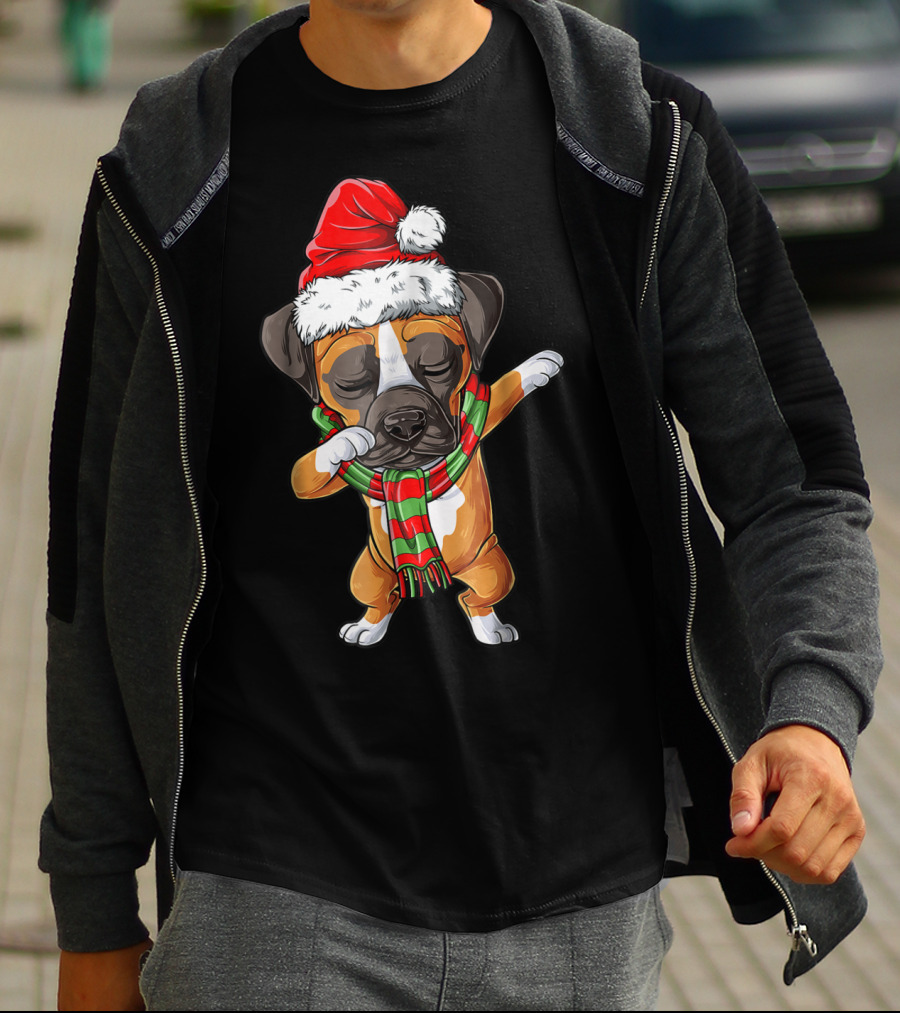 Dabbing Boxer Dog In Santa Hat With Christmas Scarf T-Shirt