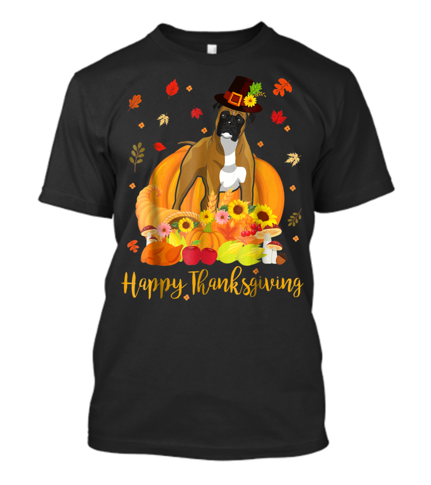 Thanksgiving Boxer Dog With Pilgrim Hat And Harvest Feast T-Shirt