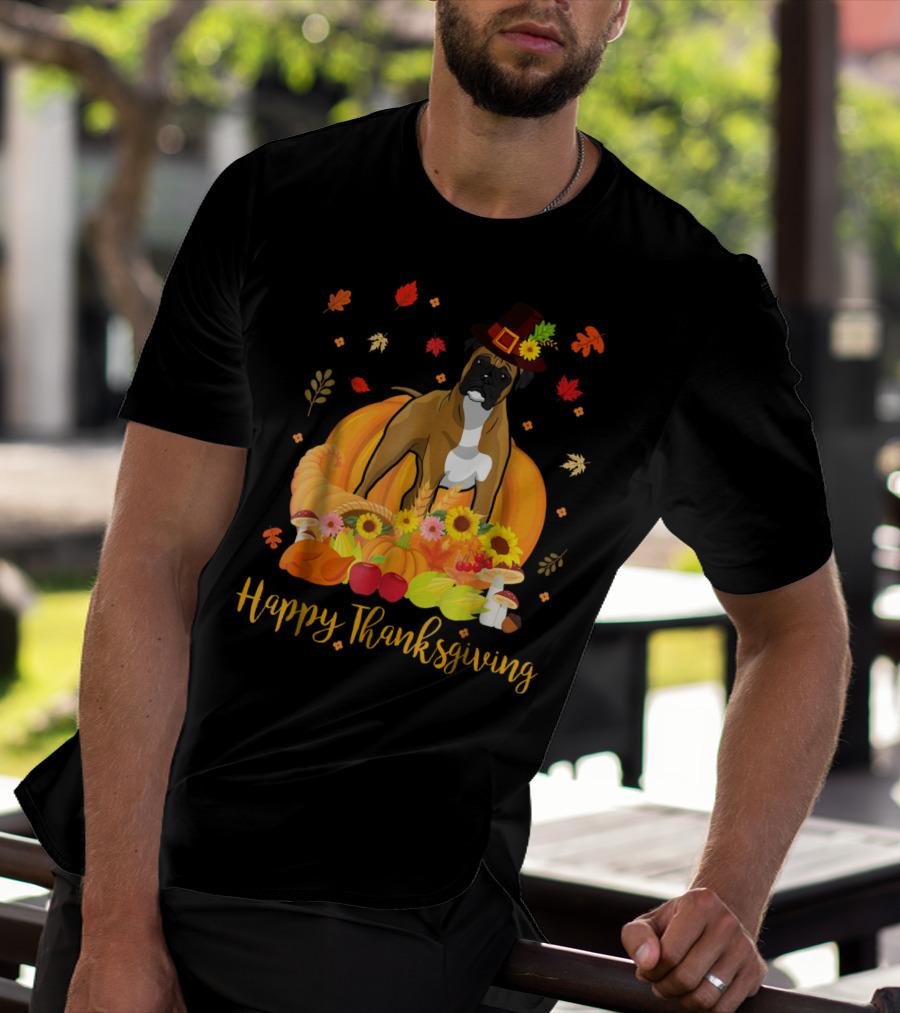 Thanksgiving Boxer Dog With Pilgrim Hat And Harvest Feast T-Shirt