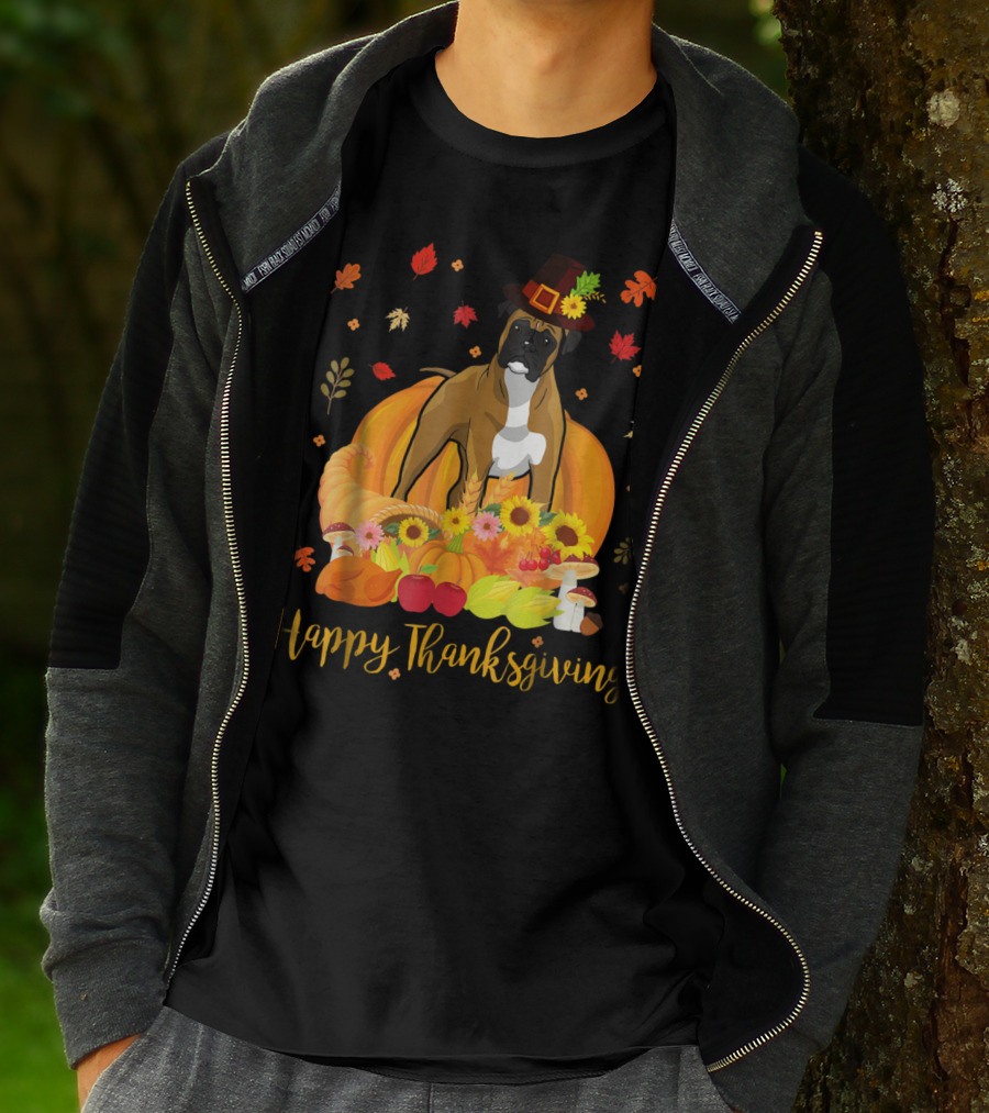 Thanksgiving Boxer Dog With Pilgrim Hat And Harvest Feast T-Shirt