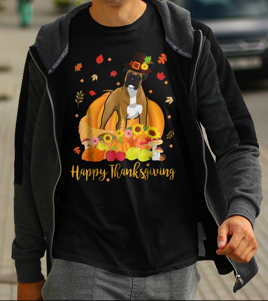 Thanksgiving Boxer Dog With Pilgrim Hat And Harvest Feast T-Shirt