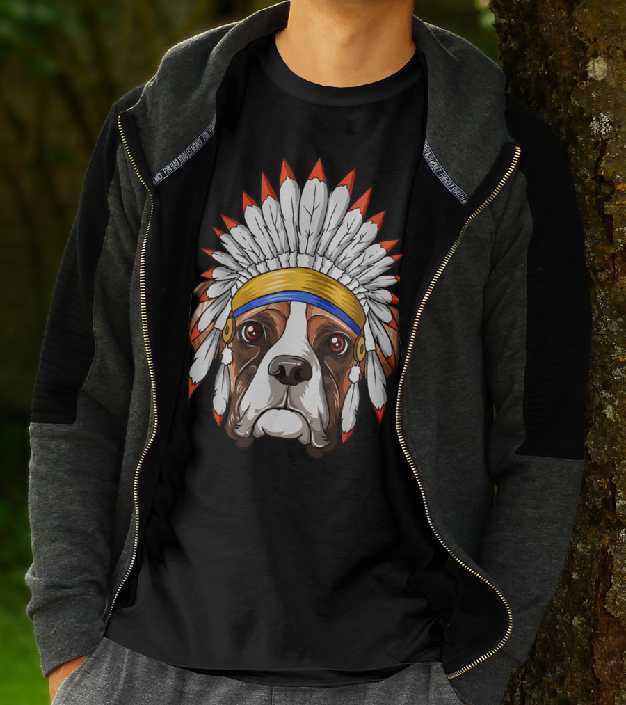 Native Indian American Boxer Feather Headdress Boxer Dog T-Shirt