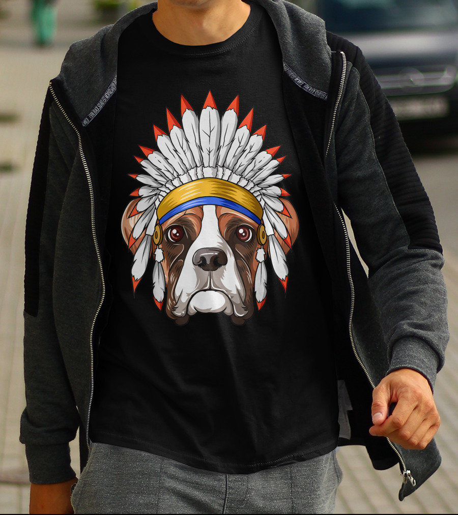 Native Indian American Boxer Feather Headdress Boxer Dog T-Shirt