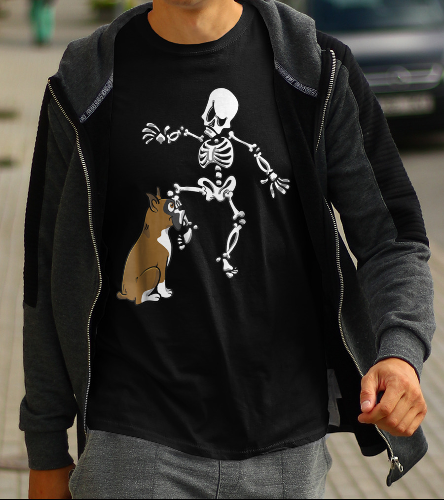Boxer Dog Biting Skeleton Leg Halloween Dog Skeleton T-Shirt