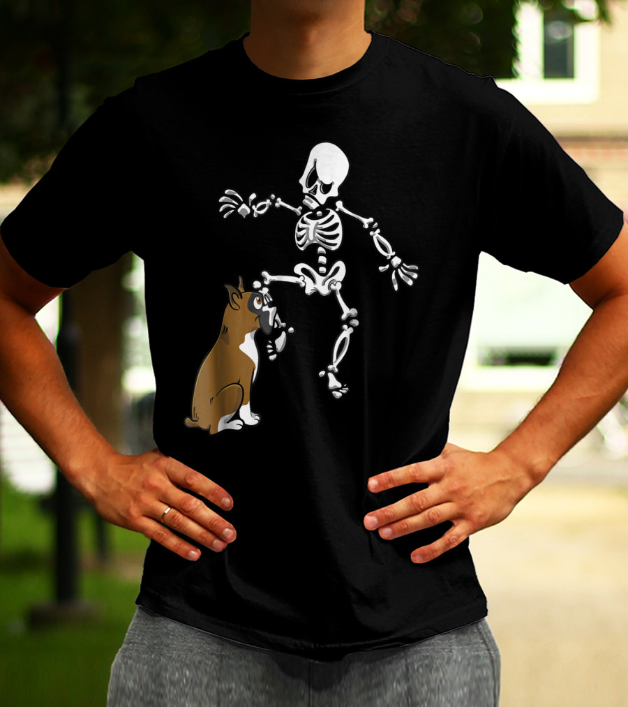 Boxer Dog Biting Skeleton Leg Halloween Dog Skeleton T-Shirt