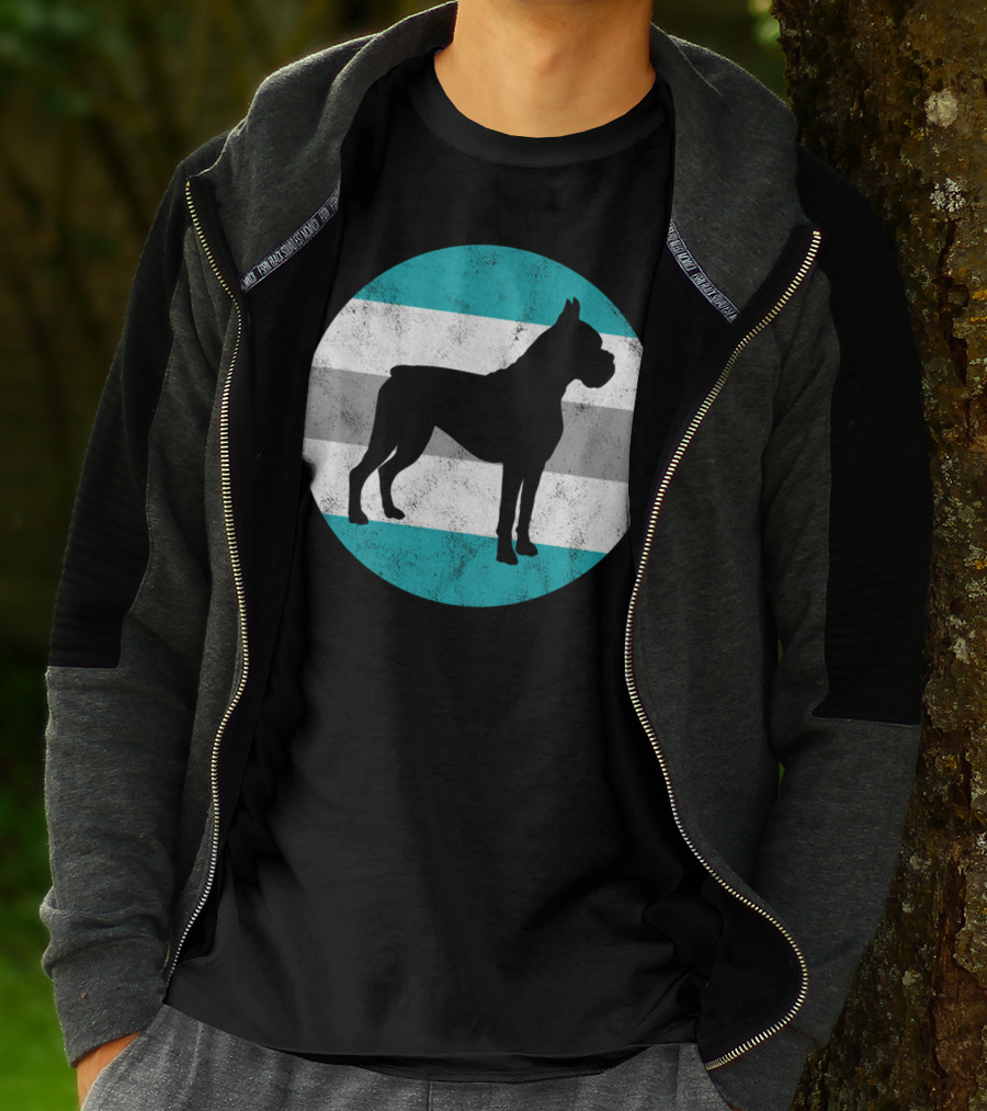 Boxer Dog Silhouette On Retro Striped Circle For Teens T-Shirt