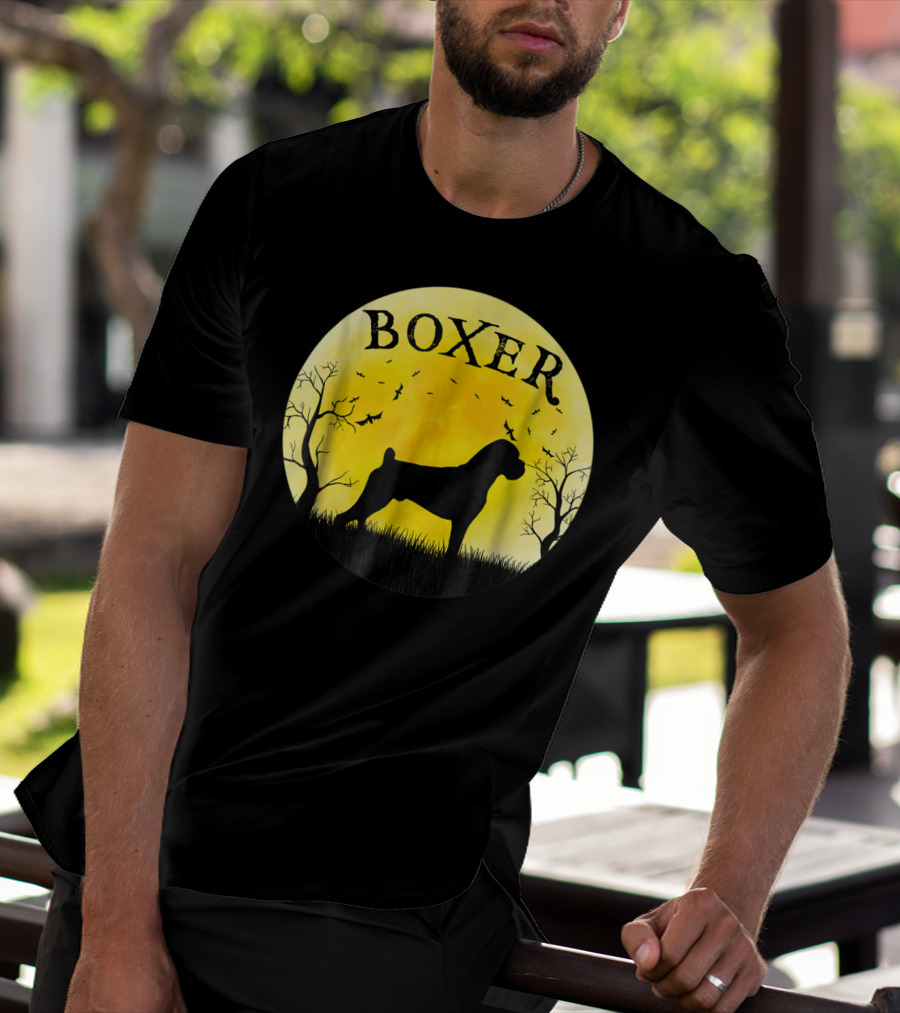 Boxer Dog Full Moon Halloween Bats Trees Vintage T-Shirt