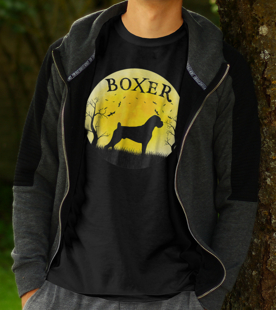 Boxer Dog Full Moon Halloween Bats Trees Vintage T-Shirt