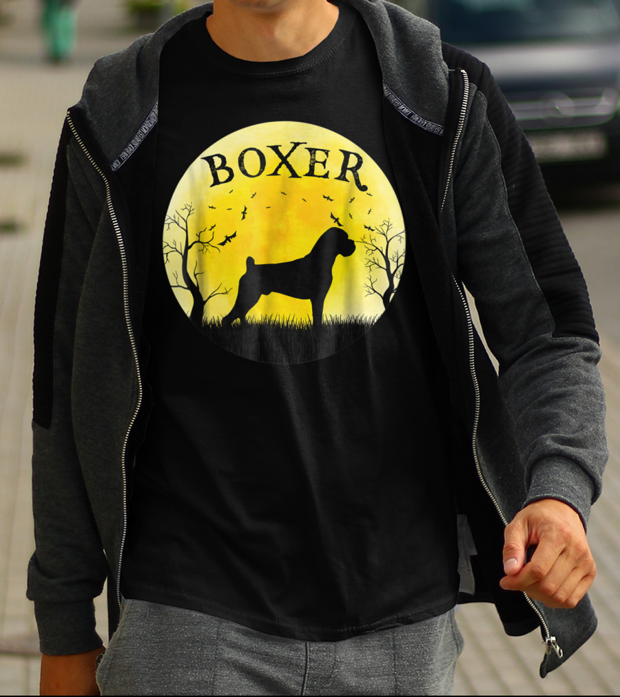 Boxer Dog Full Moon Halloween Bats Trees Vintage T-Shirt