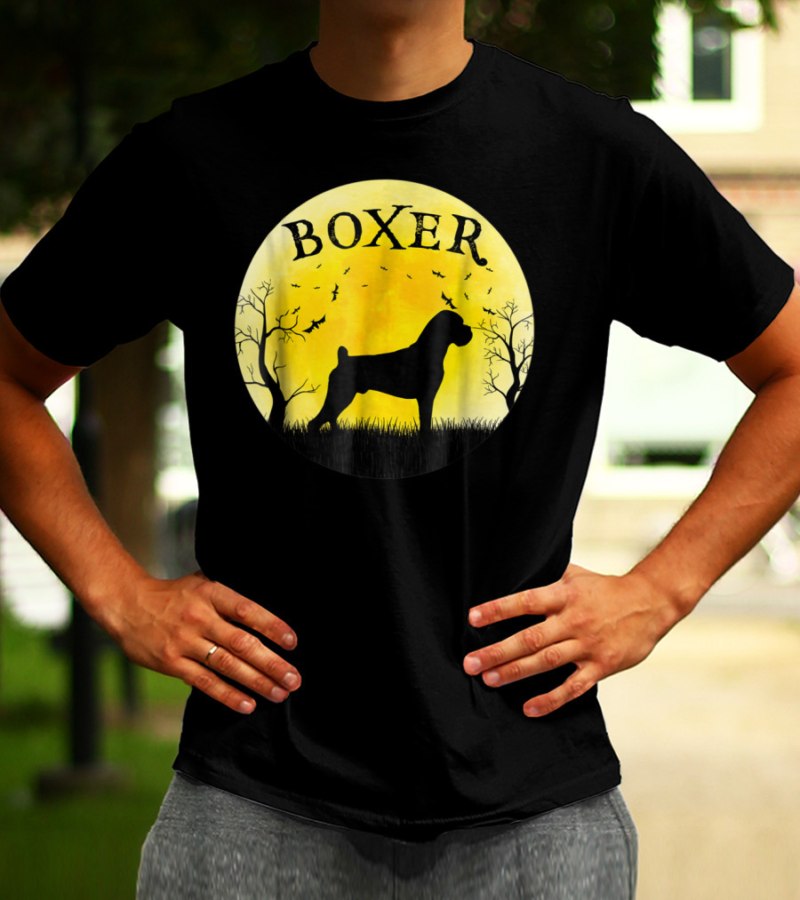 Boxer Dog Full Moon Halloween Bats Trees Vintage T-Shirt