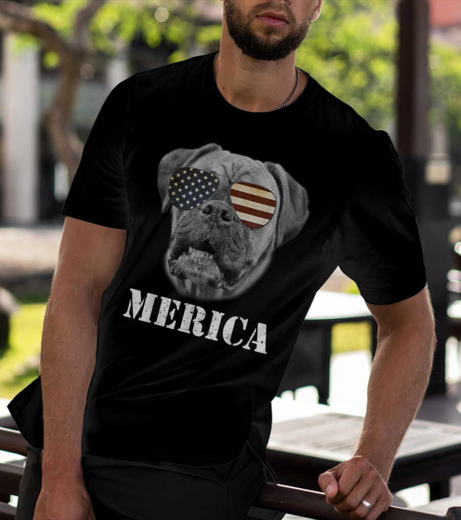 Merica Patriotic Boxer Dog With USA Flag Sunglasses T-Shirt