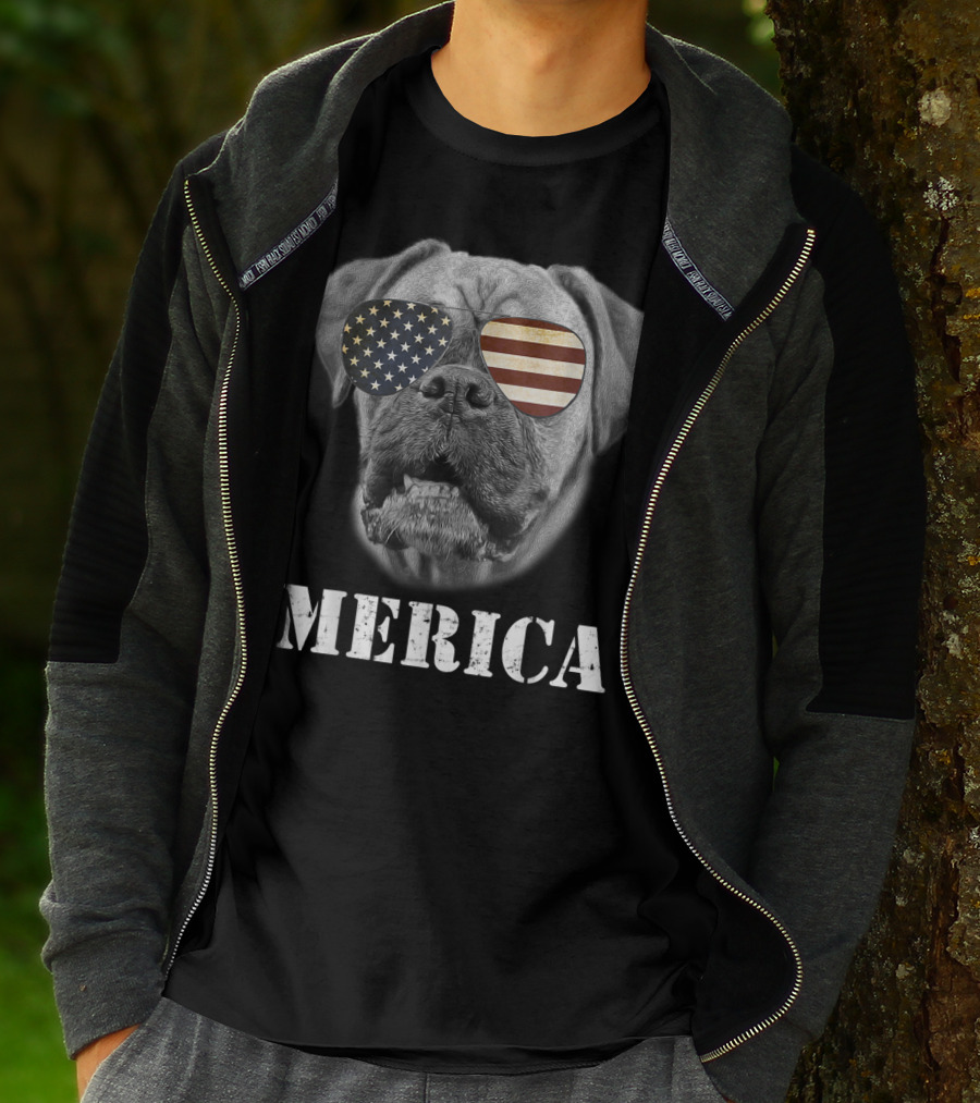 Merica Patriotic Boxer Dog With USA Flag Sunglasses T-Shirt
