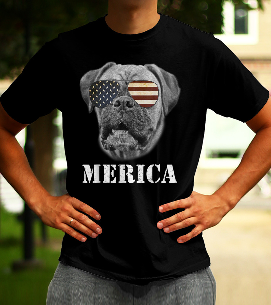 Merica Patriotic Boxer Dog With USA Flag Sunglasses T-Shirt