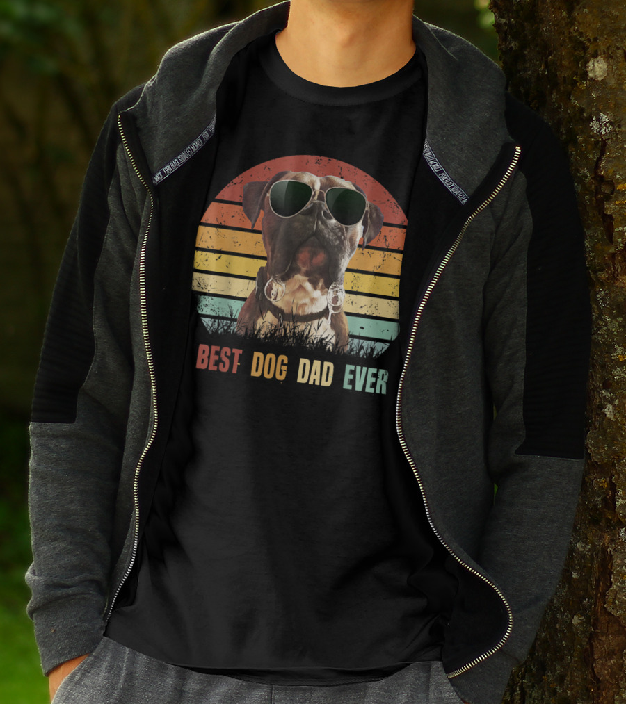 Mens Vintage Best Dog Dad Ever Boxer Dog Sunglasses Retro Sunburst T-Shirt