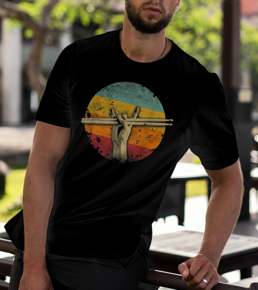 Rock Drummer Hand Sign Drumsticks Percussion Lover Retro Circle T-Shirt