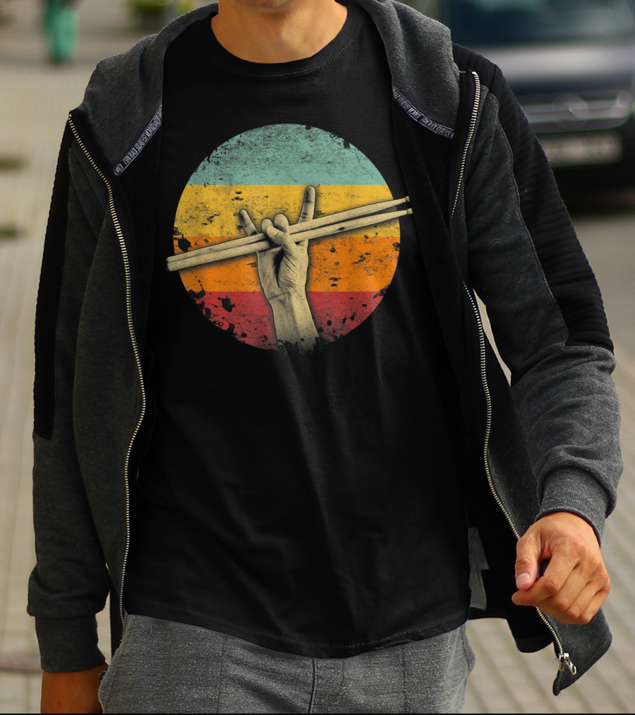 Rock Drummer Hand Sign Drumsticks Percussion Lover Retro Circle T-Shirt