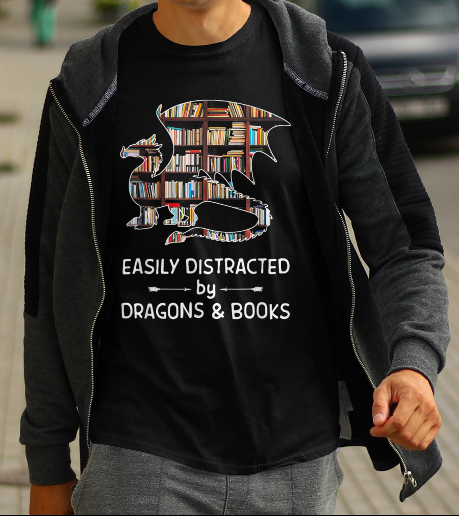 Easily Distracted By Dragons And Books With Library T-Shirt