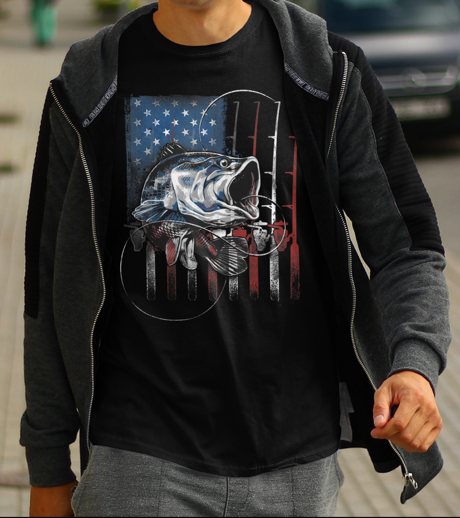 Fishing American Flag Vintage USA Bass Rods Stars Stripes T-Shirt