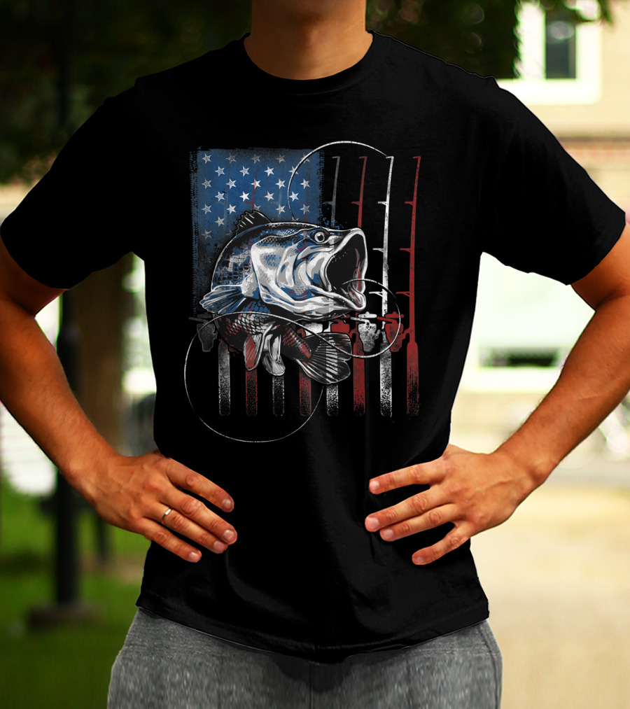 Fishing American Flag Vintage USA Bass Rods Stars Stripes T-Shirt