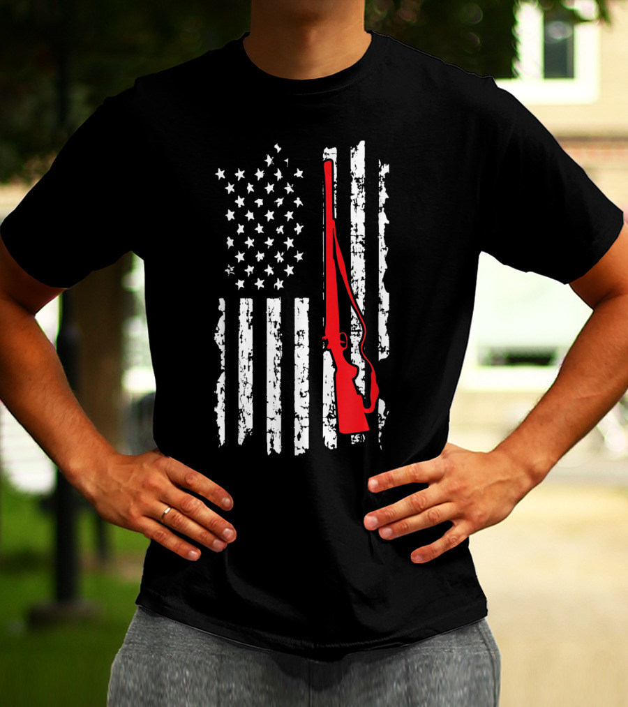 American Flag Gun Hunters Rifle In Red Silhouette T-Shirt