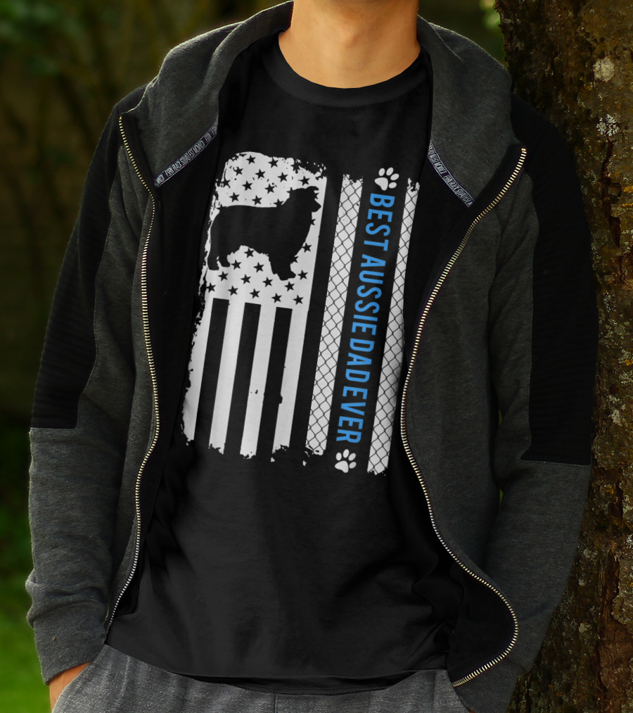Best Aussie Dad Ever American Flag Dog Silhouette And Paw Prints T-Shirt