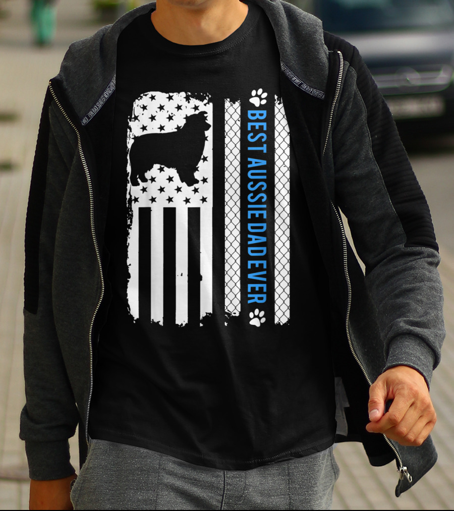 Best Aussie Dad Ever American Flag Dog Silhouette And Paw Prints T-Shirt