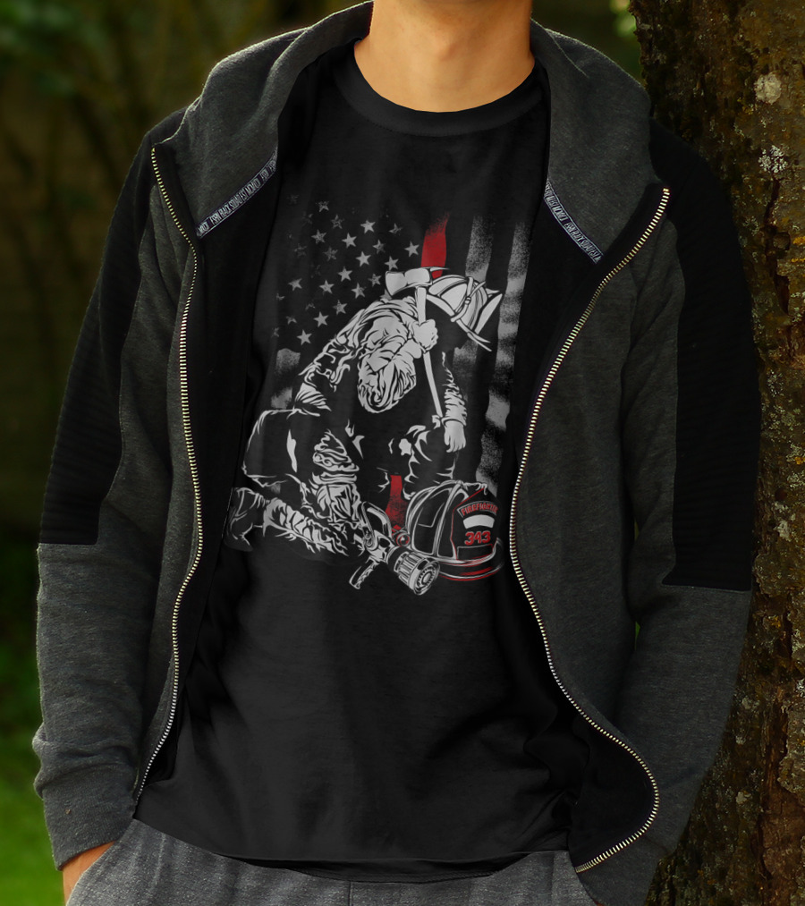 Firefighter Kneeling With Vintage USA Flag And Fire Helmet 343 T-Shirt