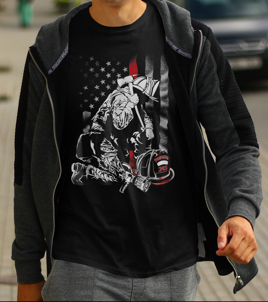 Firefighter Kneeling With Vintage USA Flag And Fire Helmet 343 T-Shirt