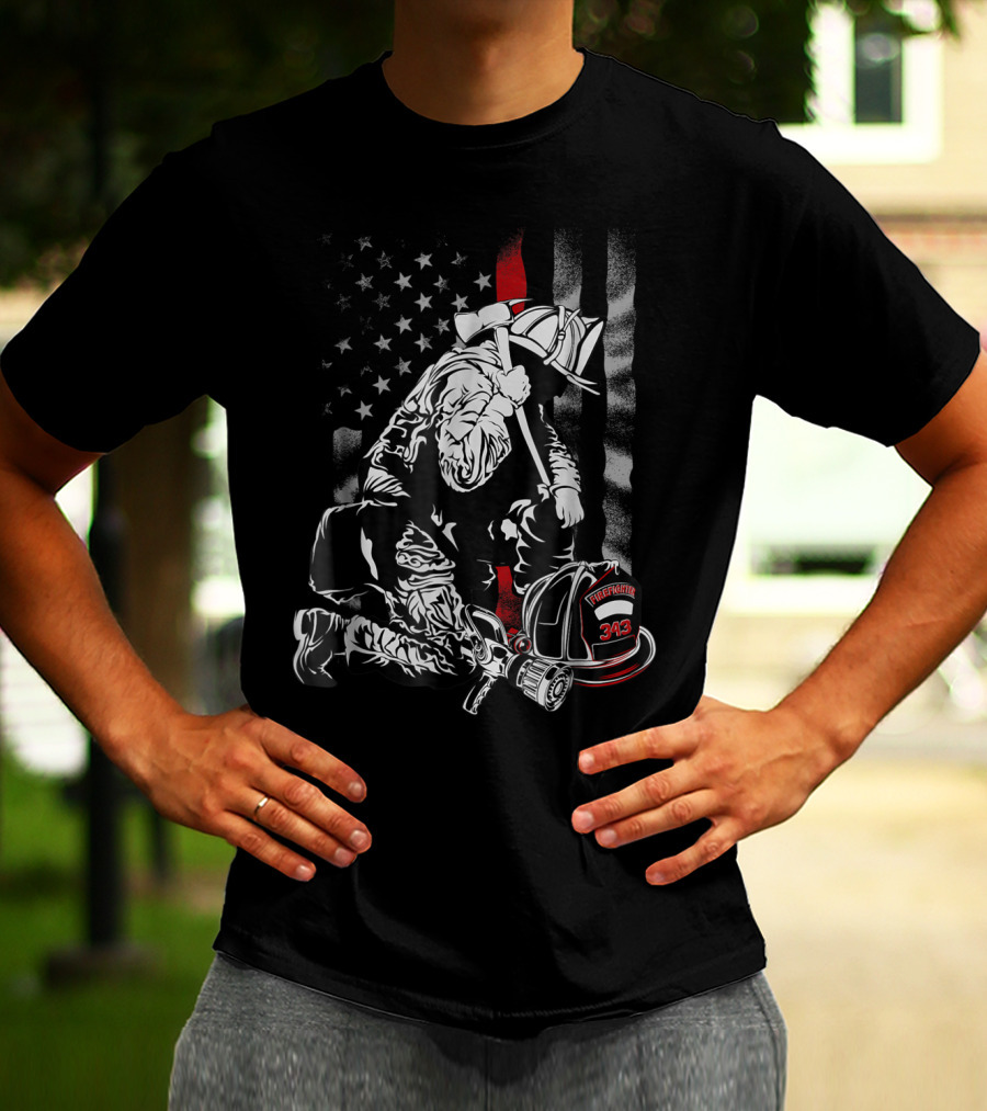 Firefighter Kneeling With Vintage USA Flag And Fire Helmet 343 T-Shirt