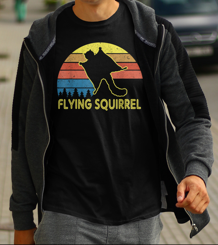 Flying Squirrel Retro Sunset With Silhouette And Forest Stripes T-Shirt