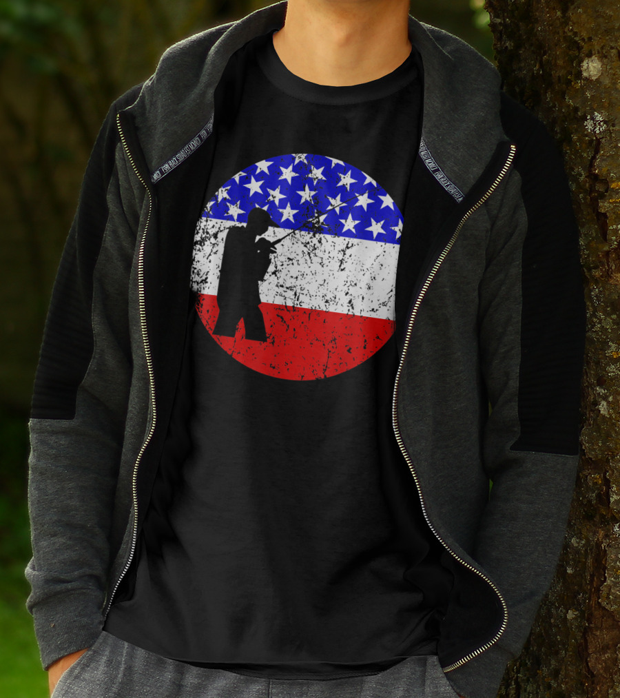 American Flag Vintage Fisherman Silhouette Rustic Retro Fishing T-Shirt