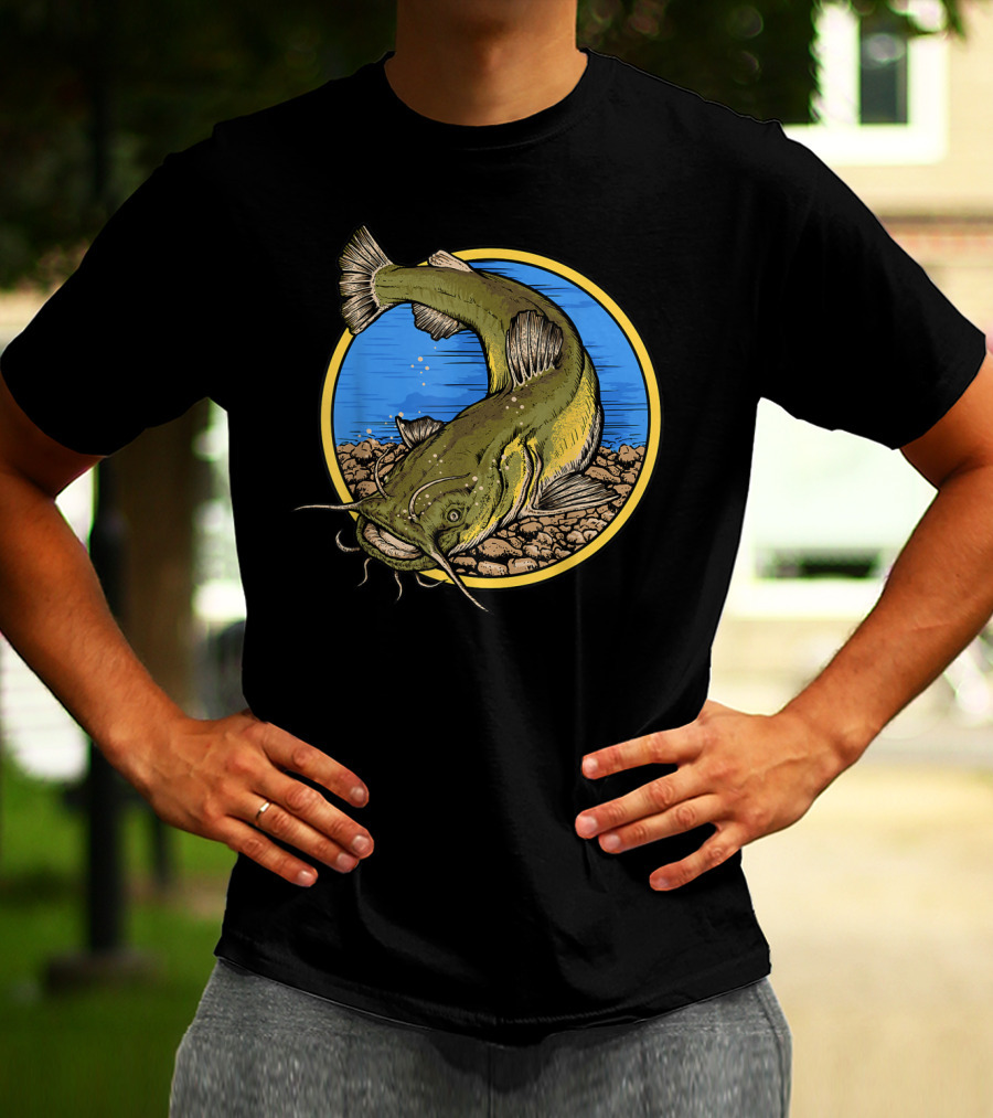Catfish Fishing Against Colorful Water With Circle Background T-Shirt