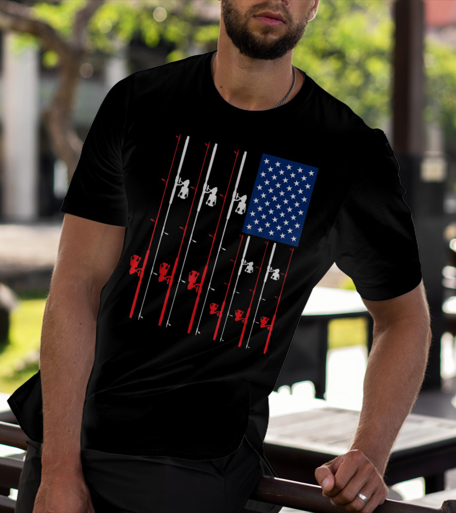 Fishing Rod US Flag Cute Fish Hunting American Patriotic Iconic T-Shirt