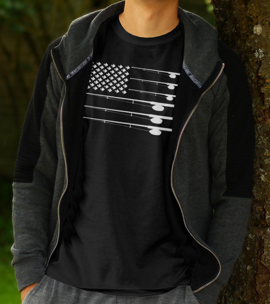 FLY ROD FISHING American Flag Fishersman T-Shirt