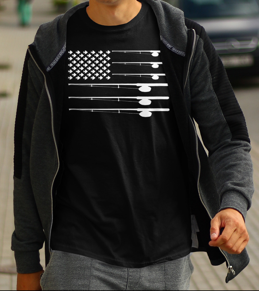 FLY ROD FISHING American Flag Fishersman T-Shirt