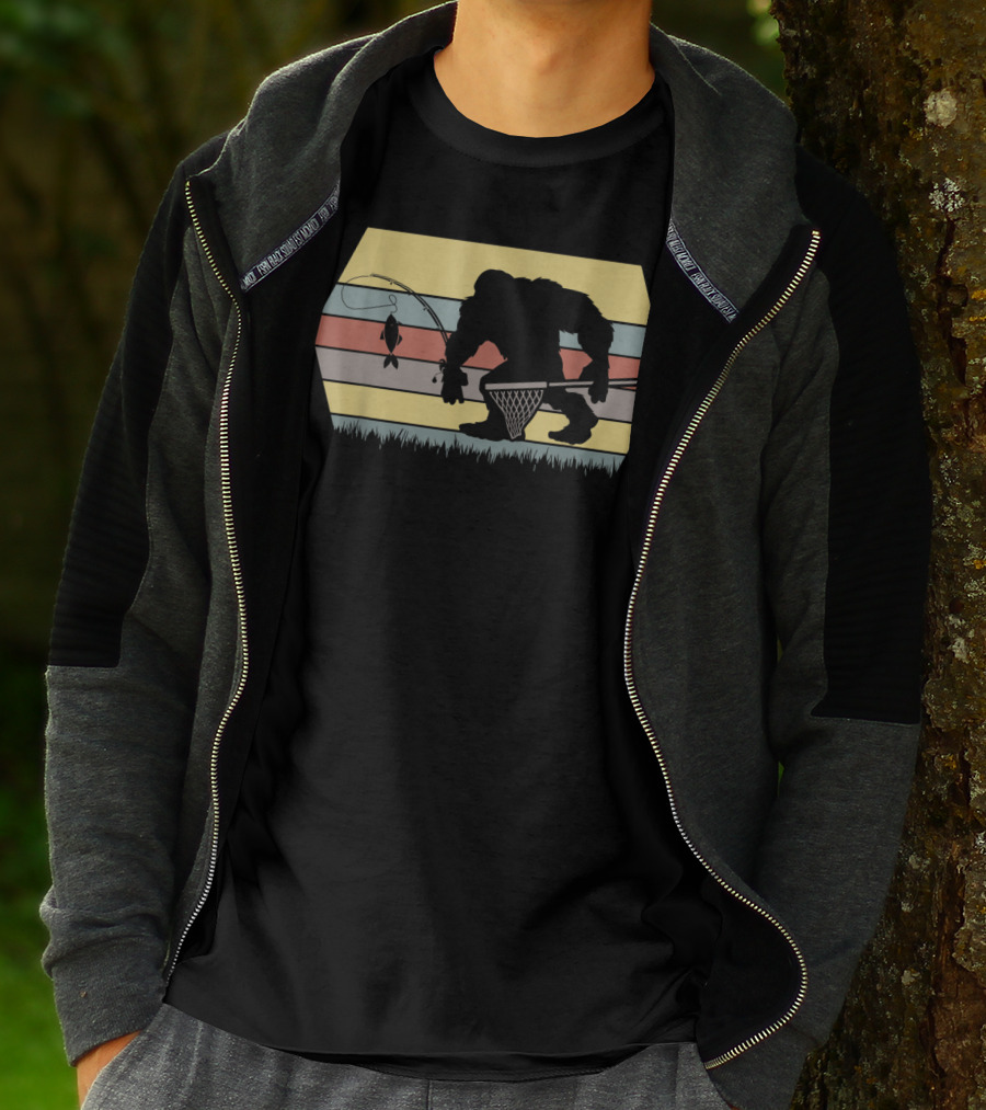 Funny Big Foot Fishing Silhouette Retro Stripes T-Shirt