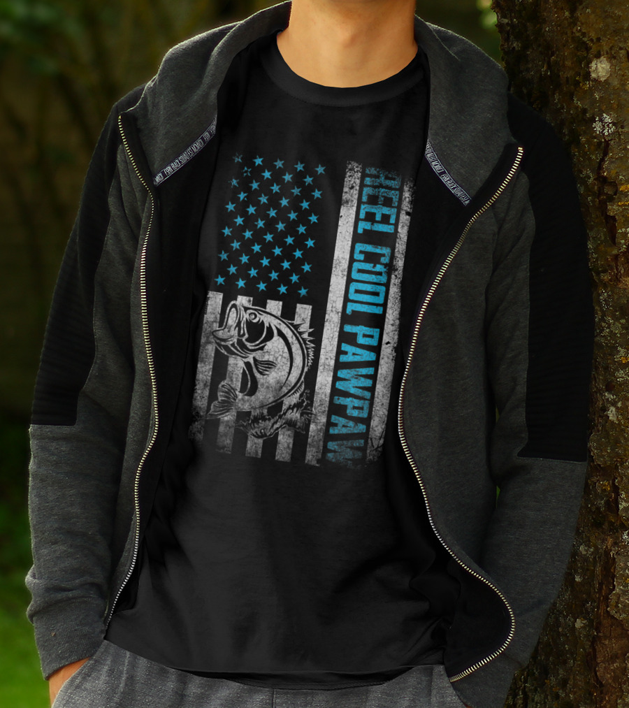 Father's Day Fishing Reel Cool Pawpaw With American Flag And Bass Fish T-Shirt