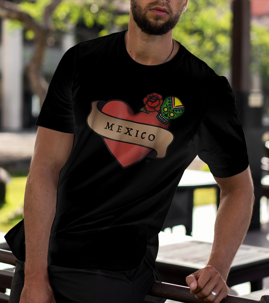 I Love Mexico Dia De Los Muertos Mexico Heart Sugar Skull Rose T-Shirt