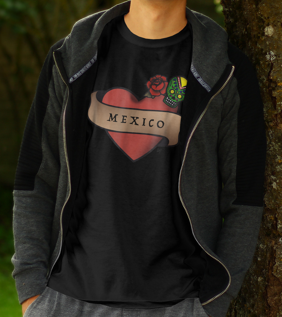 I Love Mexico Dia De Los Muertos Mexico Heart Sugar Skull Rose T-Shirt