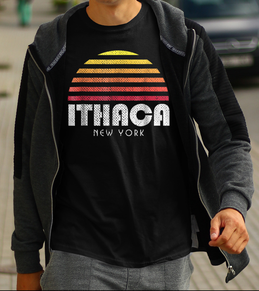 Ithaca New York Retro Striped Sunset T-Shirt