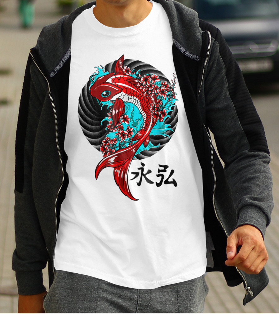Koi Fish Floral With Japanese Characters T-Shirt