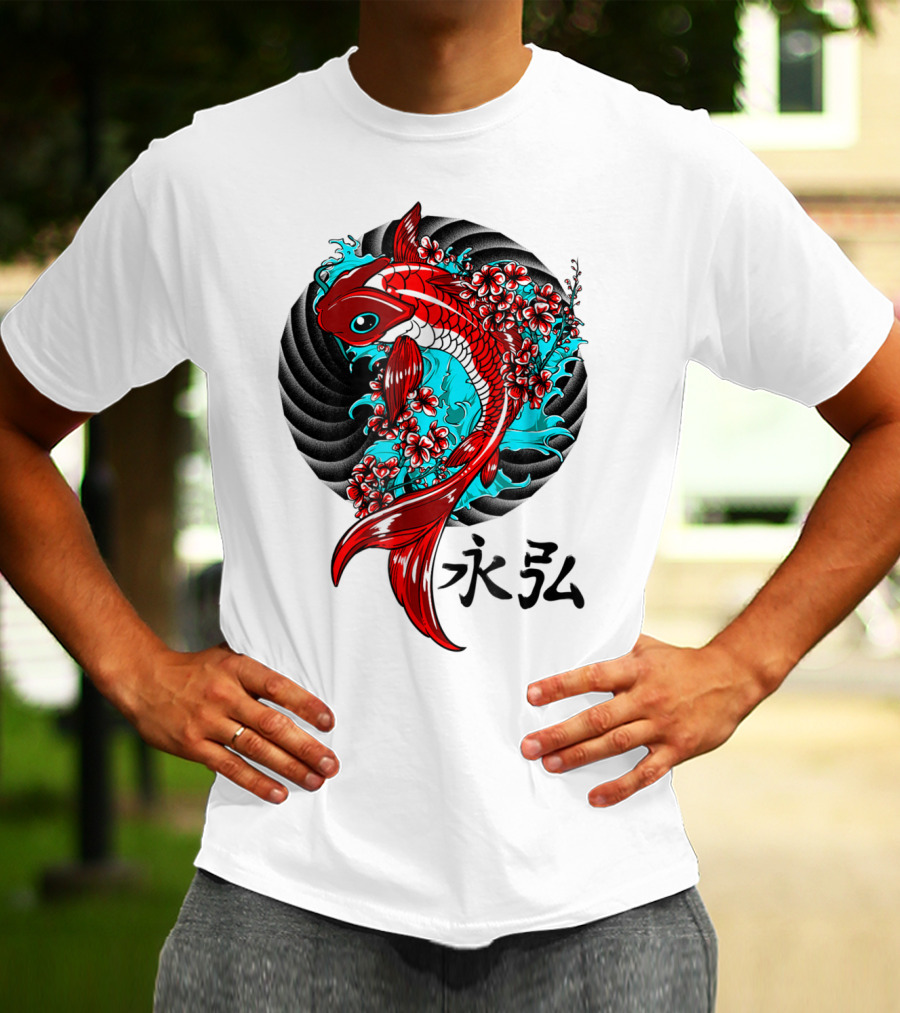 Koi Fish Floral With Japanese Characters T-Shirt