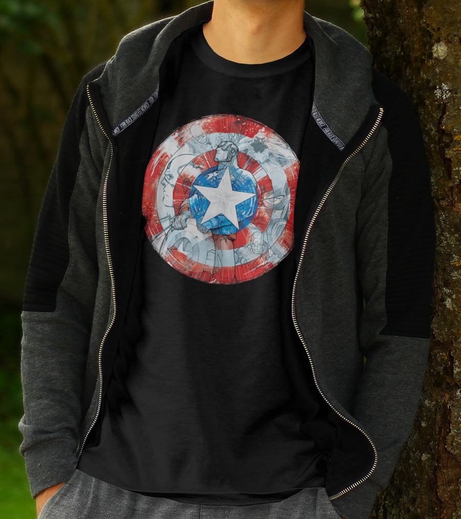 Captain America Marvel Shield With Heroic Comic Collage T-Shirt