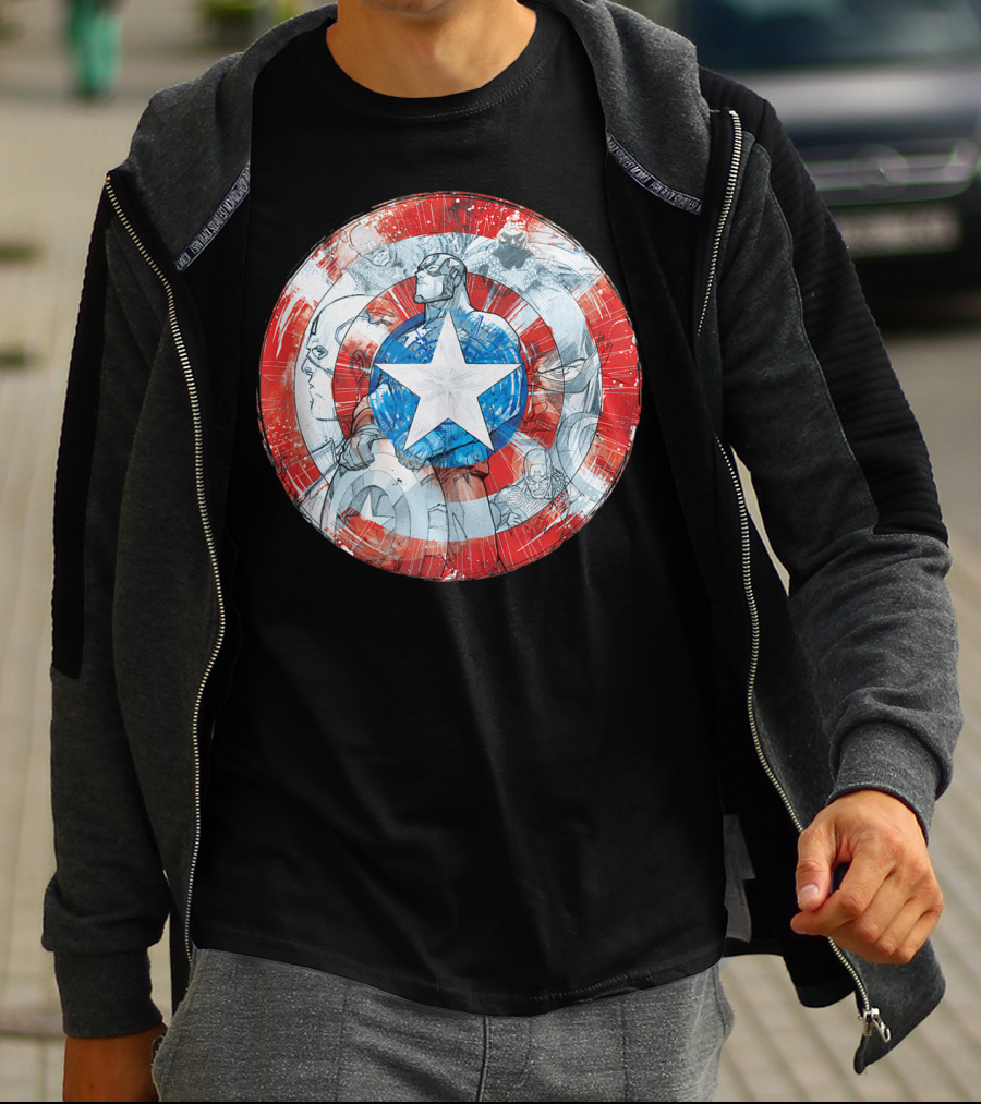 Captain America Marvel Shield With Heroic Comic Collage T-Shirt