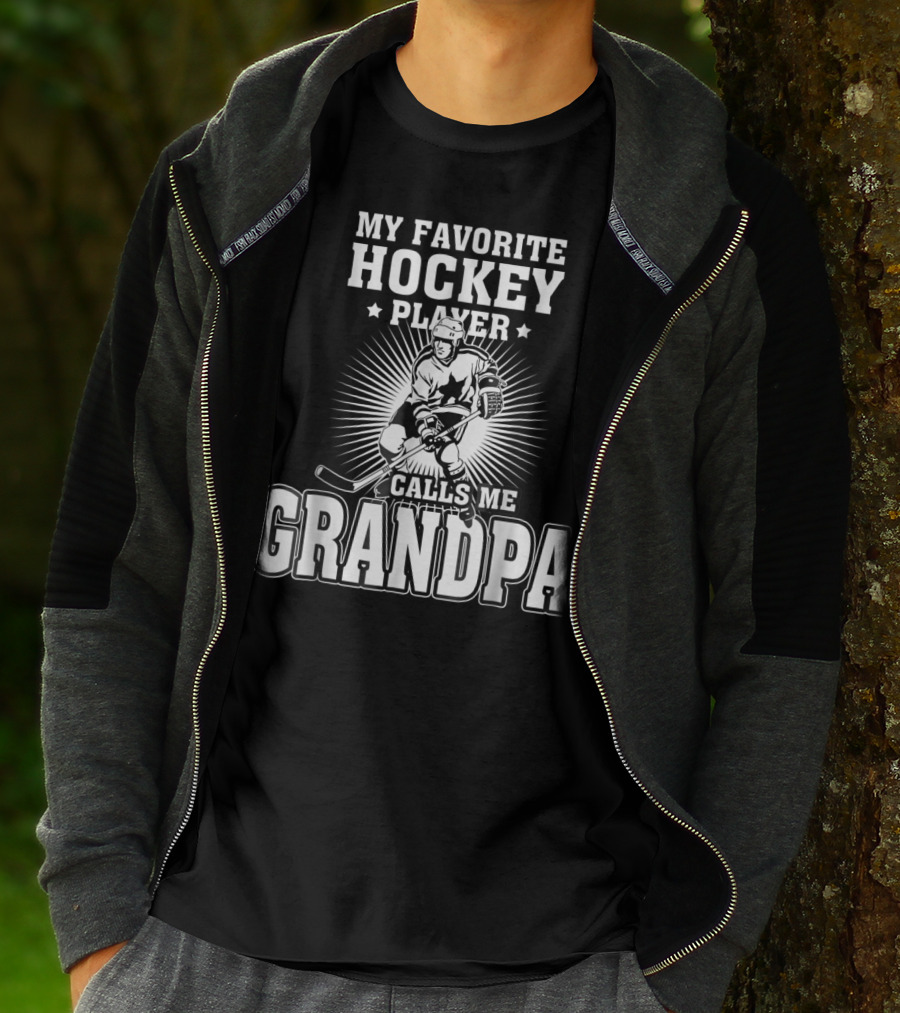 Mens My Favorite Hockey Player Calls Me Grandpa Starburst Ice Skater T-Shirt
