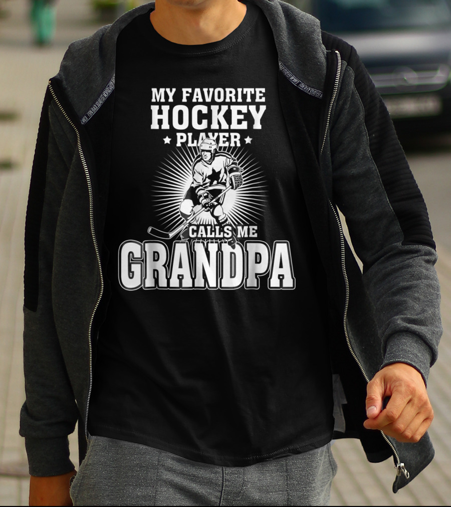 Mens My Favorite Hockey Player Calls Me Grandpa Starburst Ice Skater T-Shirt