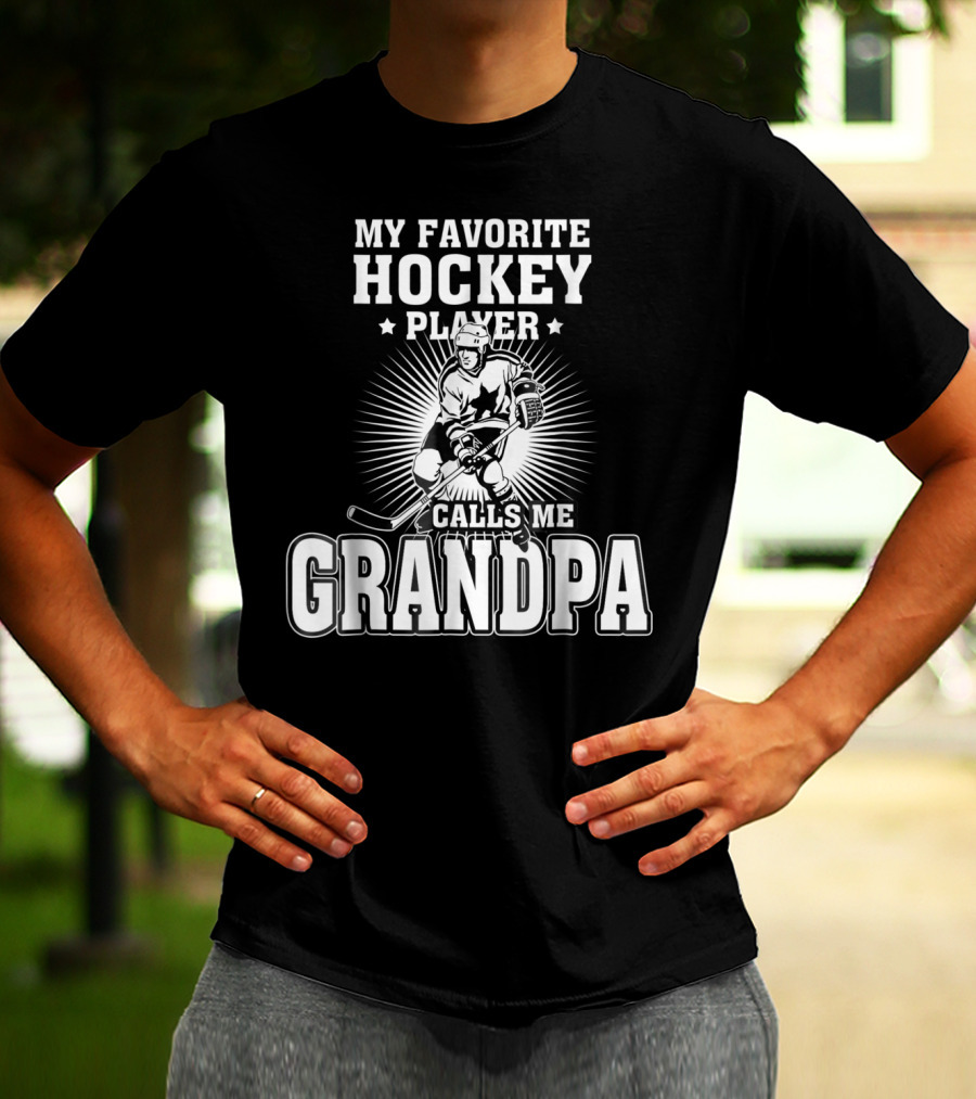 Mens My Favorite Hockey Player Calls Me Grandpa Starburst Ice Skater T-Shirt