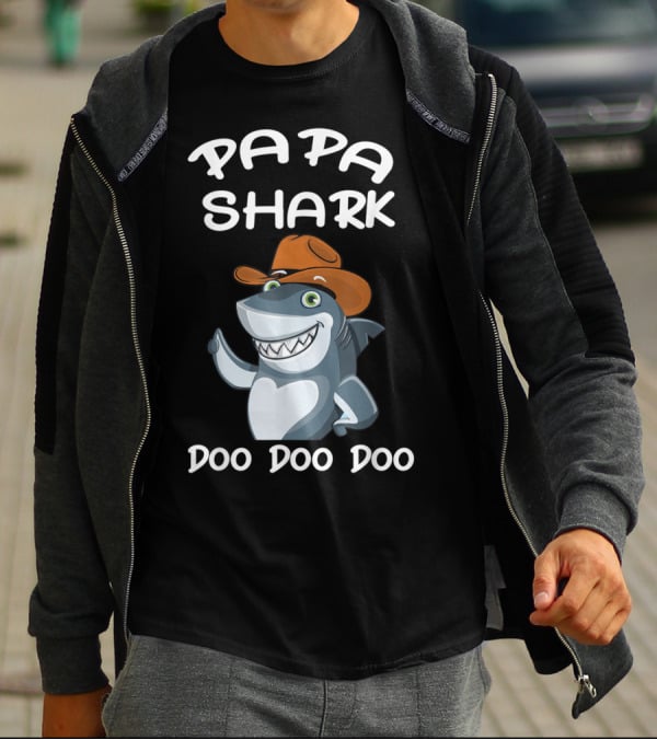 Papa Shark Doo Doo Doo Cartoon Cowboy Hat Father T-Shirt