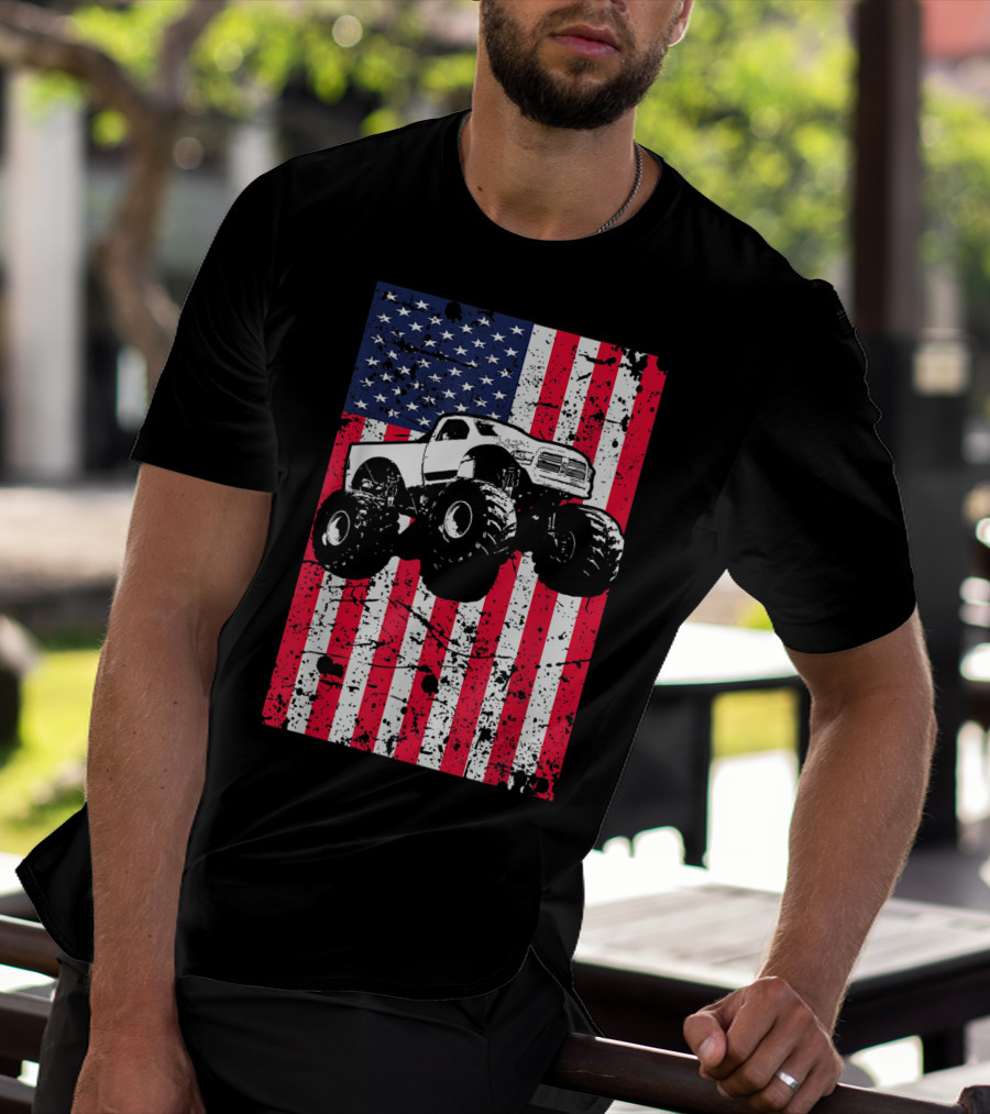 Monster Truck American Flag USA Patriotic Racing T-Shirt